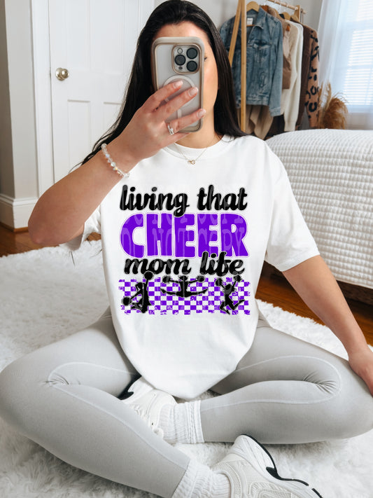 Living That Cheer Mom Life (Purple)- DTF TRANSFER (DDVA FDC Sports Collab)