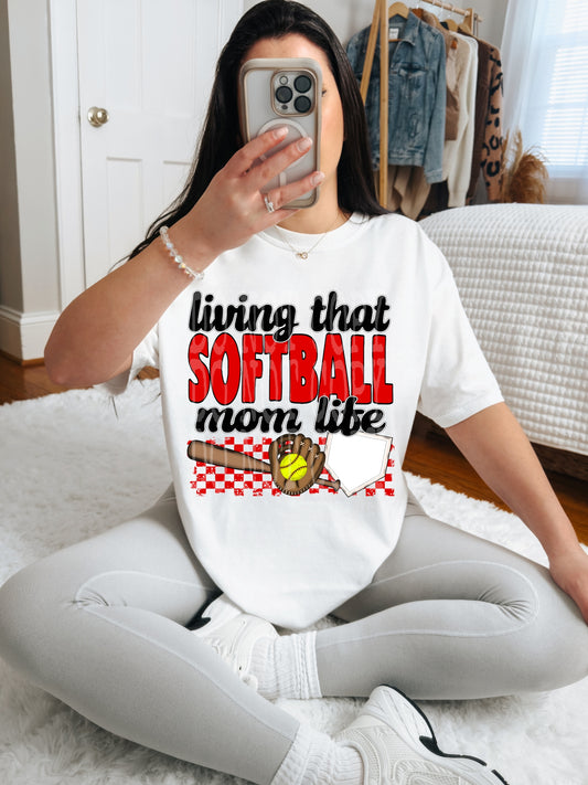 Living That Softball Mom Life (Red)- DTF TRANSFER (DDVA FDC Sports Collab)