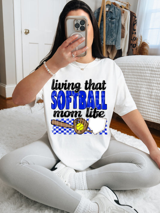 Living That Softball Mom Life (Blue)- DTF TRANSFER (DDVA FDC Sports Collab)