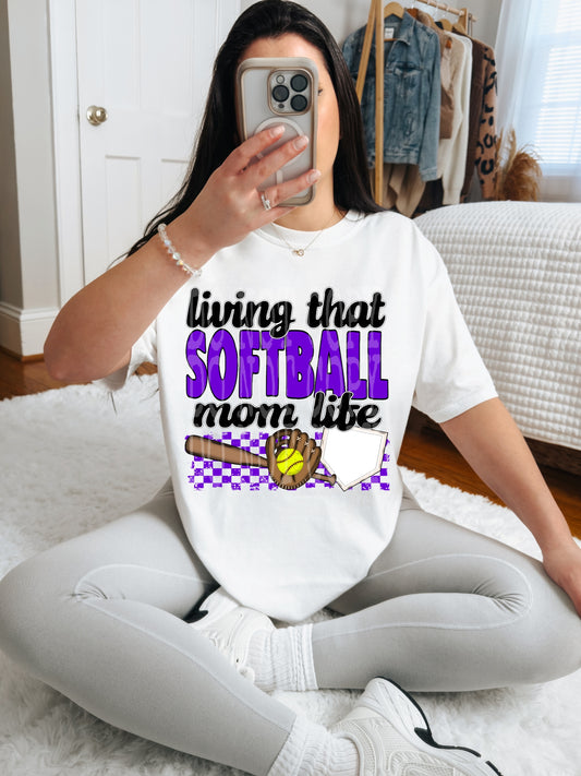 Living That Softball Mom Life (Purple)- DTF TRANSFER (DDVA FDC Sports Collab)