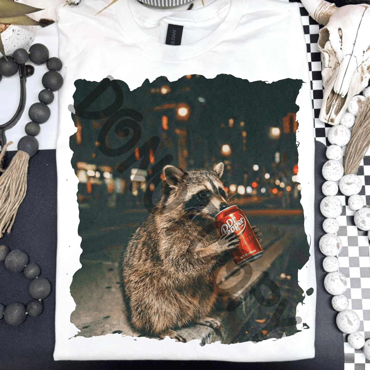 Raccoon drinking drp soda - DTF TRANSFER (PVC)