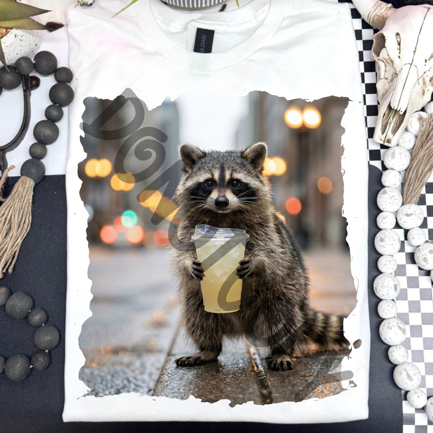 Raccoon drinking lemonade - DTF TRANSFER (PVC)