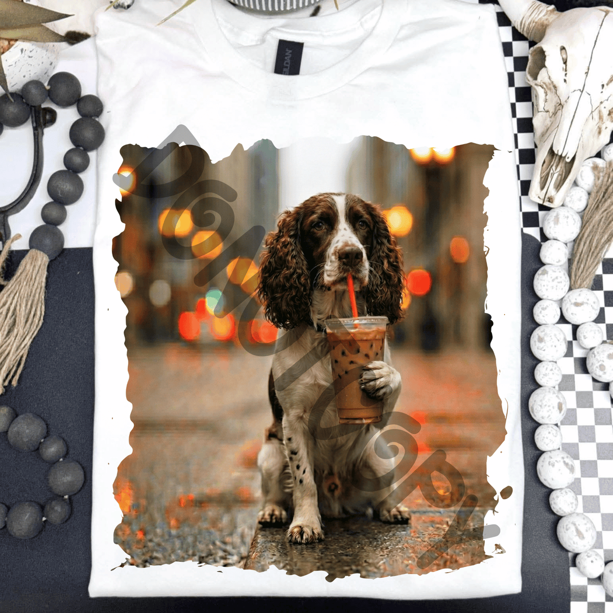 English springer spaniel dog drinking iced coffee - DTF TRANSFER (PVC)