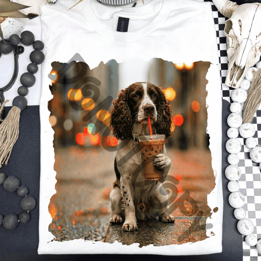 English springer spaniel dog drinking iced coffee - DTF TRANSFER (PVC)
