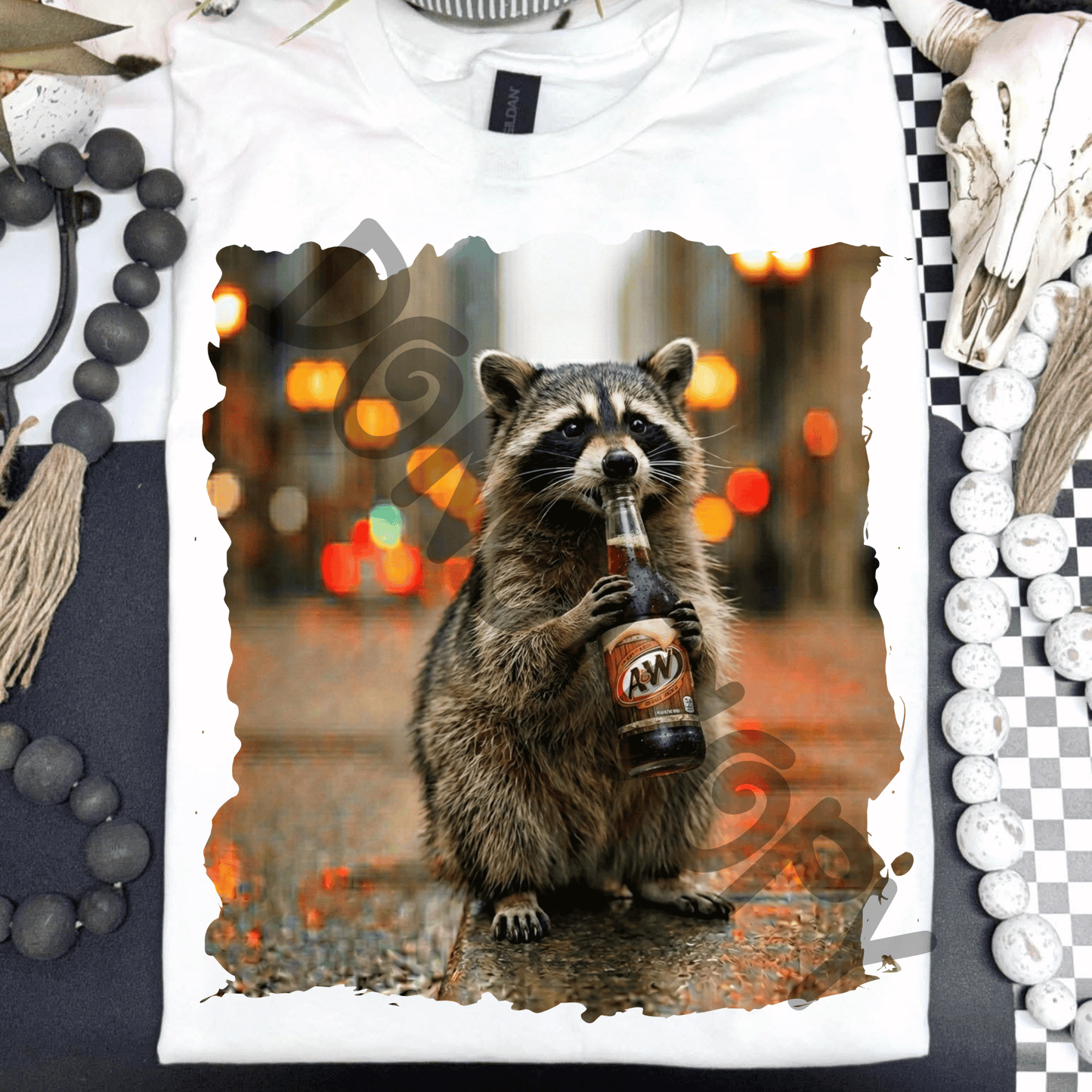 Raccoon drinking root beer - DTF TRANSFER (PVC)