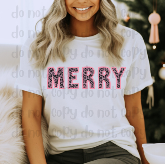 MERRY faux sequin pink leopard embroidery - DTF TRANSFER ONLY (WRS)