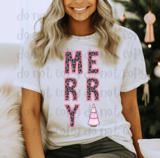 MERRY stacked with tree faux sequin pink leopard embroidery - DTF TRANSFER ONLY (WRS)