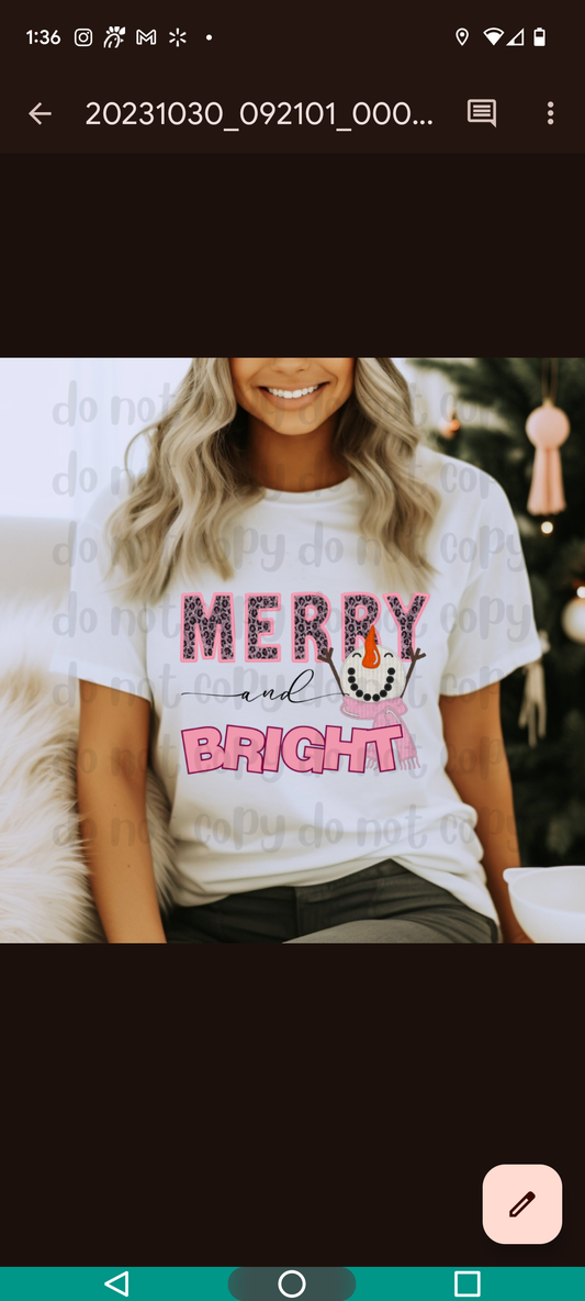Merry and Bright snowman faux sequin pink leopard embroidery - DTF TRANSFER ONLY (WRS)