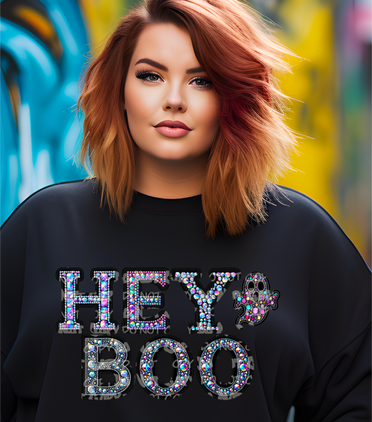 Hey boo ghost faux rhinestones - DTF TRANSFER (LCD)