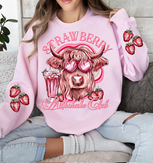 Strawberry Milkshake Highland Cow w/ Sleeves- DTF TRANSFER