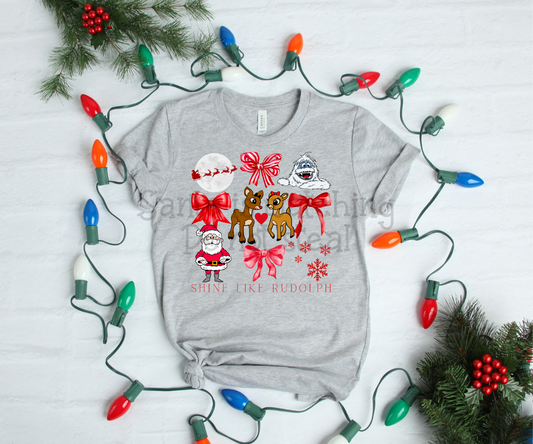 Shine like Rudolph ; watercolor Christmas bow grid drop ; DTF TRANSFER