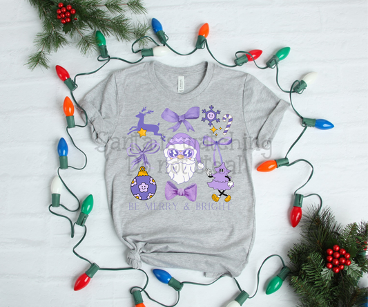 Be Merry & Bright purple ; watercolor Christmas bow grid drop ; DTF TRANSFER