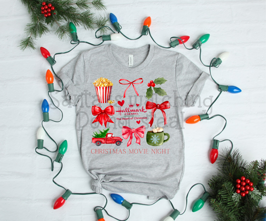 Christmas movie night ; watercolor Christmas bow grid drop ; DTF TRANSFER