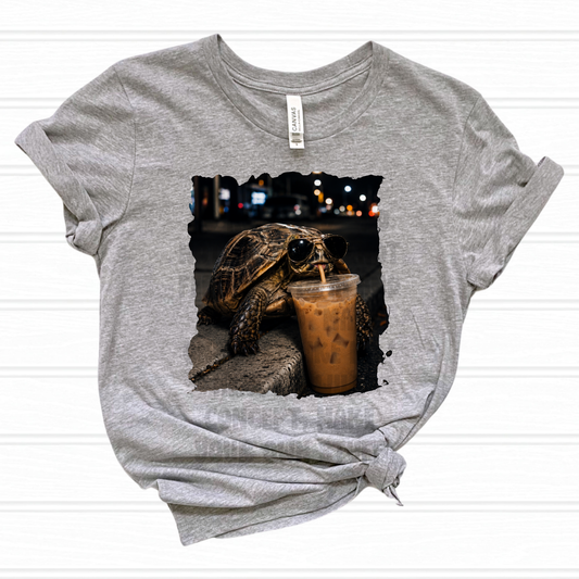 Turtle drinking iced coffee - DTF TRANSFER (PVC)