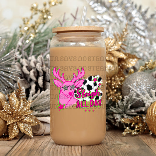 Slay all day pink reindeer - UV DTF DECAL (Xmas in July Collab saved/BBDc)