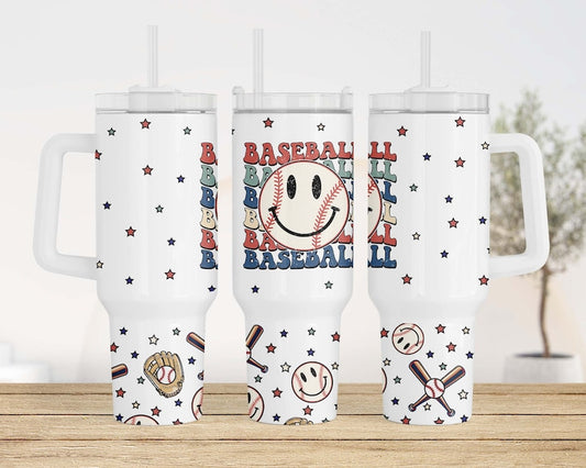 Baseball smiley ; UV DTF 40OZ TUMBLER Wrap (top & bottom)