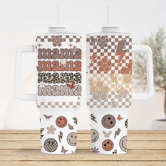 Mama boho checkered ; UV DTF 40OZ TUMBLER Wrap (top & bottom)
