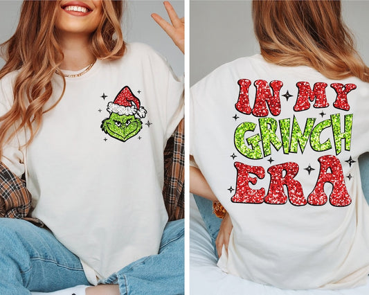 In my GROUCH era with stars RED and green faux glitter - DTF TRANSFER