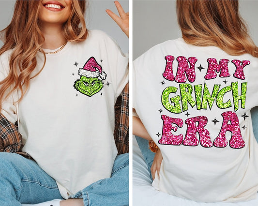 In my GROUCH era with stars pink and green faux glitter - DTF TRANSFER