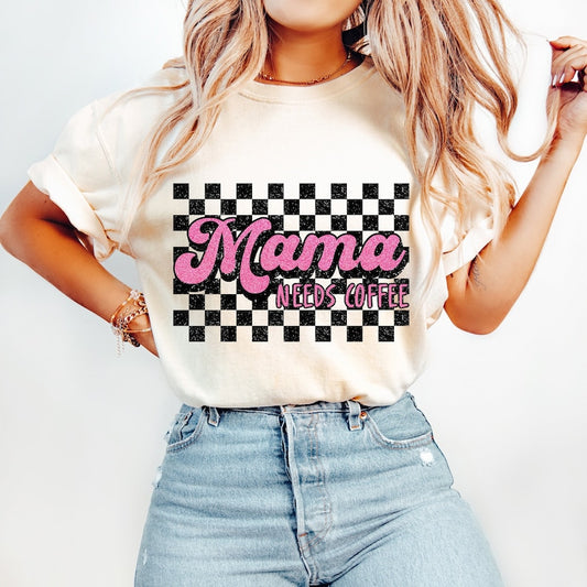 Mama needs coffee black pink checkered - DTF TRANSFER