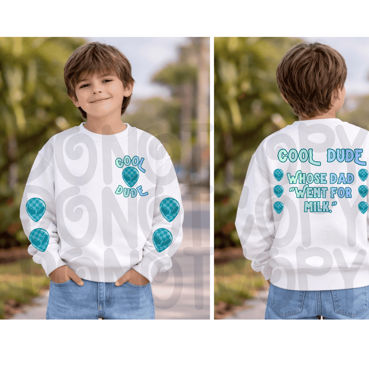 Cool dude who's dad went for milk aliens with pocket and sleeves - DTF TRANSFER (PVC)