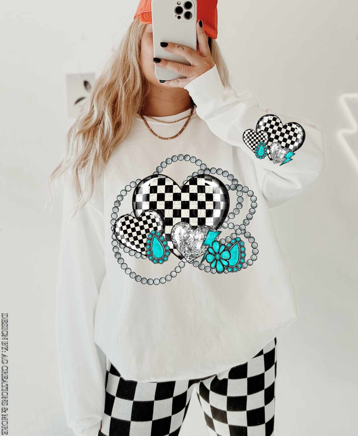 Checkered hearts turquoise - DTF TRANSFER (AGCM)