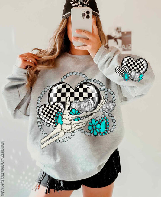 Checkered hearts turquoise with skellie hand - DTF TRANSFER (AGCM)