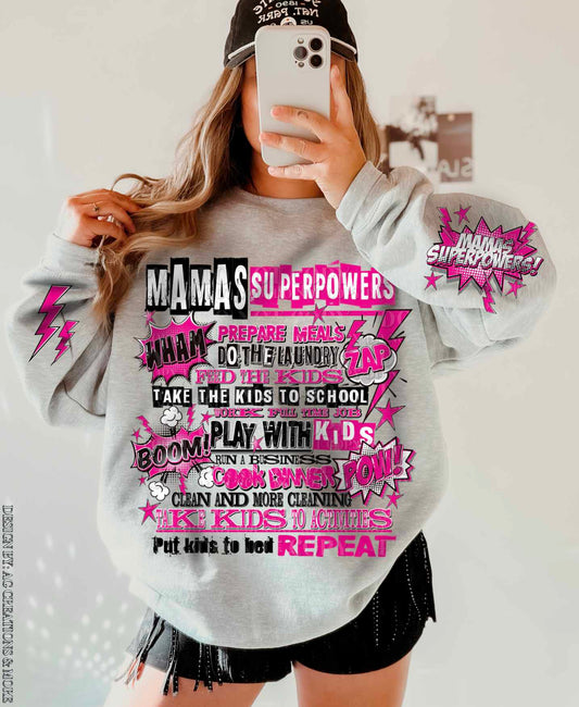 Mama's Superpowers with pocket & sleeve pink - DTF TRANSFER (AGCM)