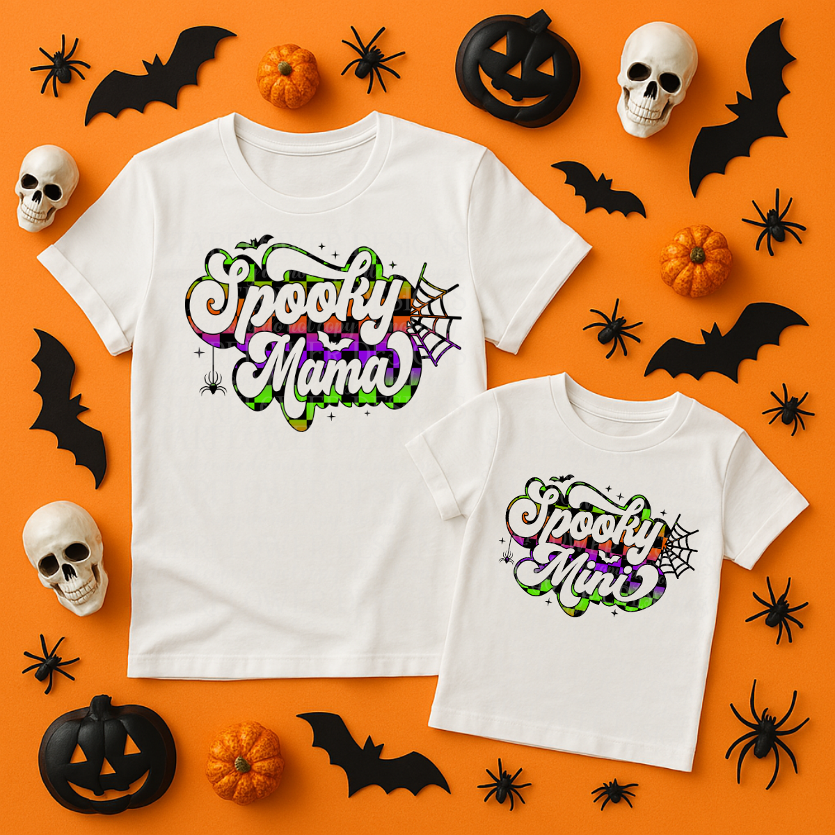 Neon checkered Spooky Mama, Mini, or Daddy (you choose!) - DTF TRANSFER ONLY (SFD JLY25)