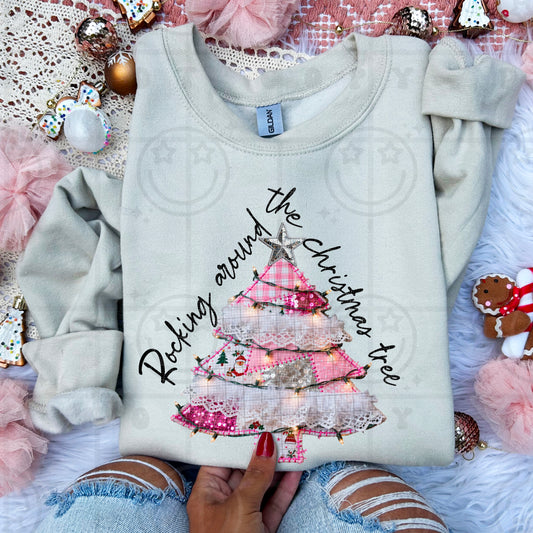 Rocking around the Christmas tree pink patchwork (DTF TRANSFER) HWD NOV25