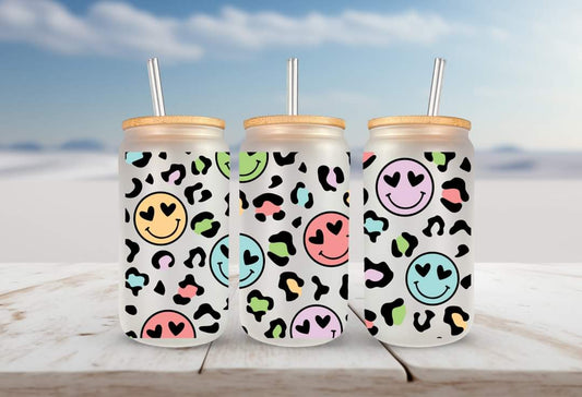 Cheetah colorful happy face with heart eyes Libbey glass can 16oz UV DTF cup wrap