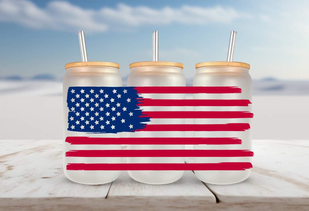 American Flag Libbey glass can 16oz UV DTF cup wrap decals for tumblers