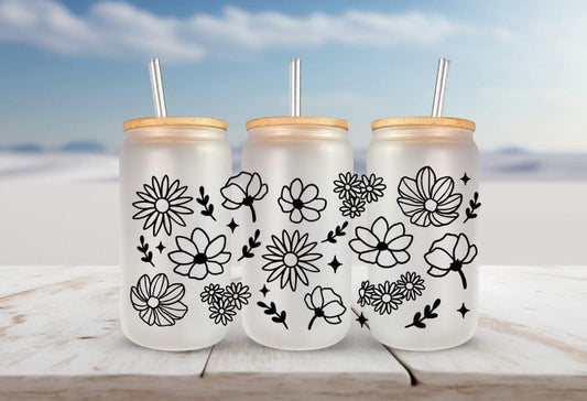Black flowers minimal FOR Libbey glass can 16oz UV DTF cup wrap decals for tumblers