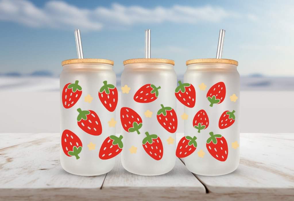 Summer strawberries FOR Libbey glass can 16oz UV DTF cup wrap decals for tumblers