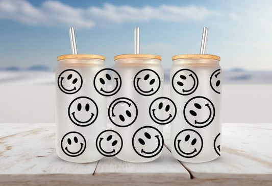 Repeating black smile happy faces FOR Libbey glass can 16oz UV DTF cup wrap decals for tumblers