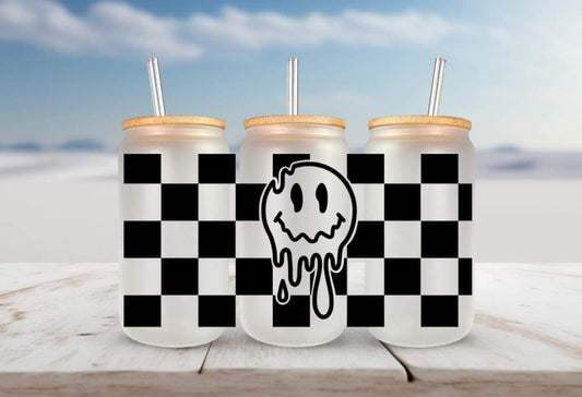 Checkered melting happy face BLACK FOR Libbey glass can 16oz UV DTF cup wrap decals for tumblers
